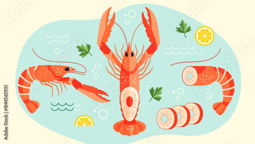 Delightful illustration of fresh seafood featuring lobster and shrimp with