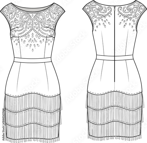 Embellished fringe dress illustration, cap sleeves, round neckline, layered skirt, technical fashion sketch, front and back view, vector template