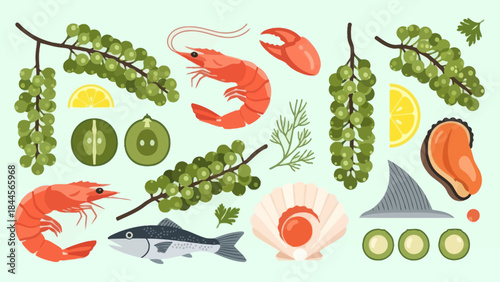 Fresh seafood and green produce including shrimp shellfish and herbs for
