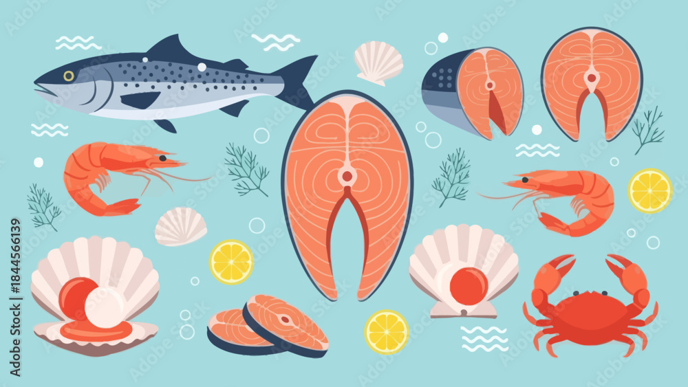Obraz premium Fresh seafood platter featuring salmon, shrimp, crab, scallops, and fish