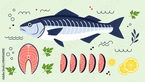 Stylized illustration of fish and seafood with lemon slices and foliage under