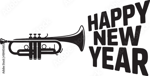 Typography of Happy New Year trumpet clean silhouette vector illustration