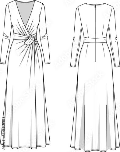 Floor-length draped dress illustration, deep V-neckline, twist waist detail, long sleeves, technical fashion sketch, front and back view, vector template