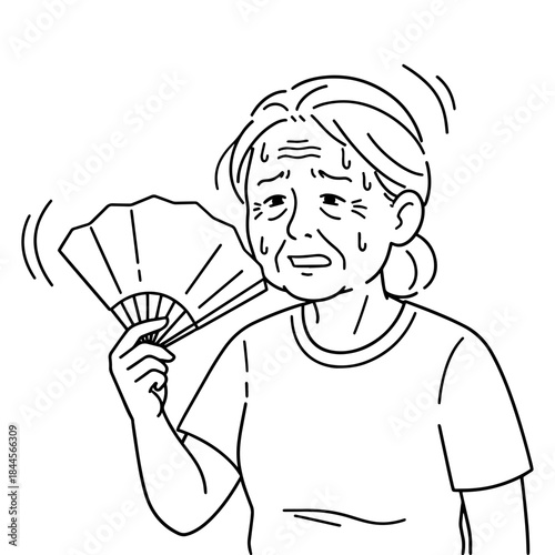 Simple black and white line art illustration of a sweating person fanning themselves with a traditional hand fan. Perfect for heat wave, summer, cooling, temperature, and wellness concepts.