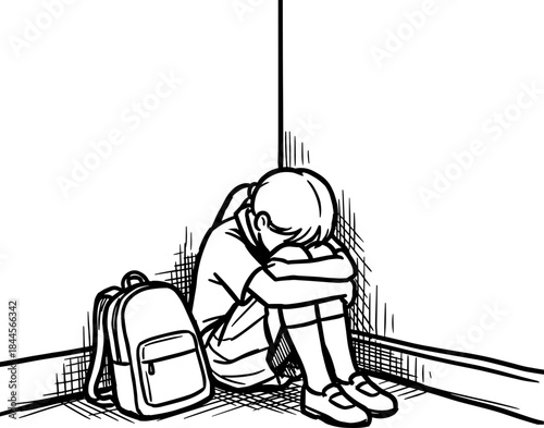 Black and white line art illustration of a sad student sitting alone in a corner with backpack, depicting depression, loneliness, bullying, and mental health struggles in educational settings.
