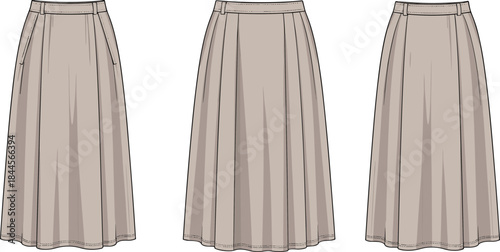 Knee-length pleated skirt illustration, waistband variations, structured silhouette, technical fashion sketch, front view, pattern comparison, vector garment template