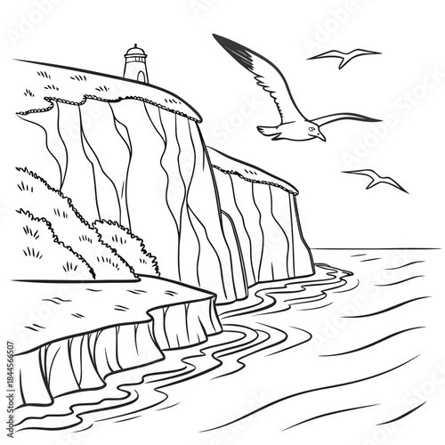 A picturesque black and white line drawing depicts a dramatic cliffside with a lighthouse at its summit overlooking the ocean with soaring seagulls above the waves