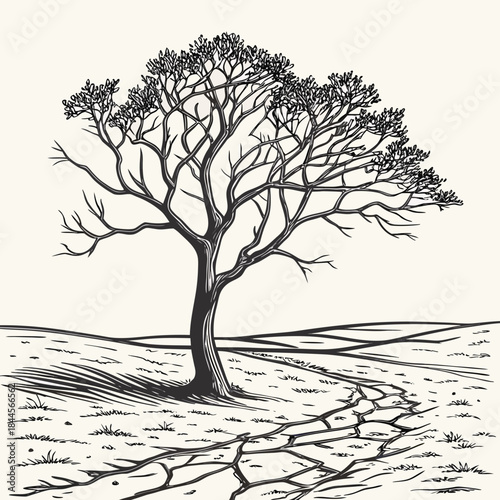 A solitary artistic sketch of a bare tree with intricate branches stands tall in a dry cracked landscape with a winding stone path leading towards the horizon under a pale sky