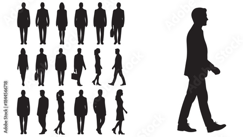 Collection of vector silhouettes featuring diverse men and women in business attire, standing and walking