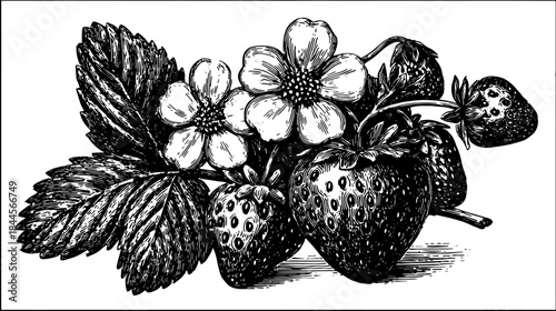 Strawberry and flower in black and white outline. Vintage vector illustration for a decorative set.