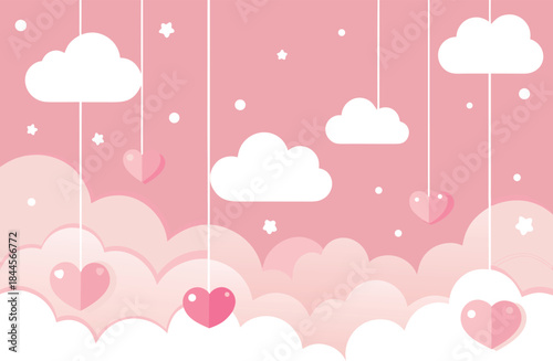 Dreamy pink sky background with hanging hearts and fluffy clouds for a romantic feel
