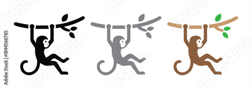 Playful Monkey Hanging on Tree Branch Icon Set in Multiple Color Styles