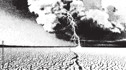 Lightning strikes a dry landscape under a dramatic sky. Black and white vector illustration showcasing nature's extremes.