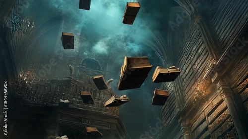 Mystical library filled with flying books creating an atmosphere of mystery