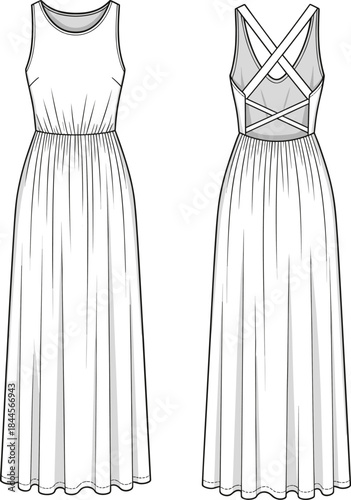 Sleeveless maxi dress technical fashion sketch, front and back view, crisscross strap detail, gathered skirt, garment construction vector template