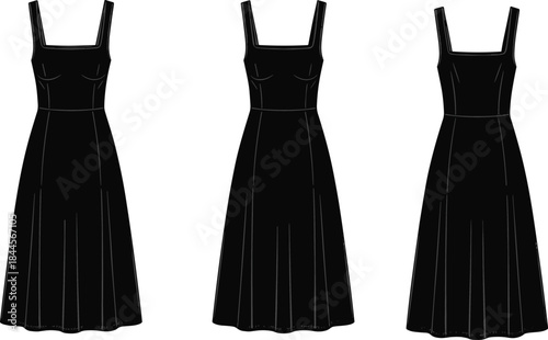 Sleeveless square-neck dress illustration, fitted bodice, flared below-knee skirt, technical fashion sketch, front view, seam detailing, vector template