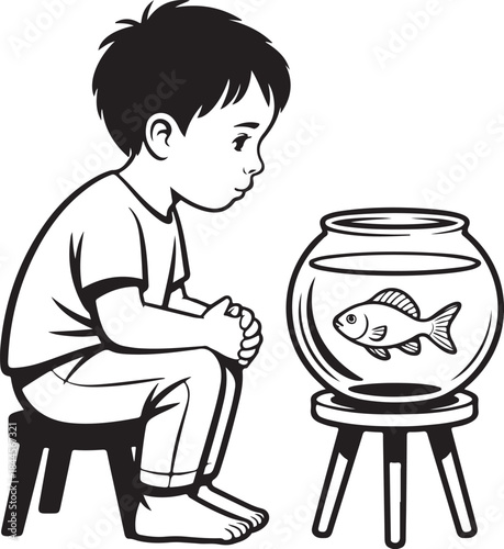 Young boy on stool peeking into a fishbowl at a single goldfish on a wooden table silhouette vector