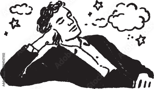 Man dreaming in a simple illustration. Pensive vector character with thoughts depicted in a black and white style.