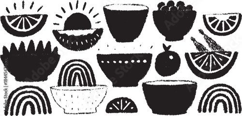 Colorful fruit slices and bowls in a flat design. Abstract vector illustration featuring circles and rainbows in a set.