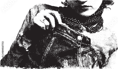 Denim jacket close-up illustration with a vintage style. Black and white graphic featuring a polka dot scarf, a stylish vector set for fashion design.