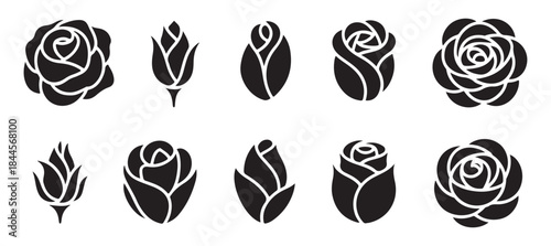 Set of ten rose flower and bud icons with internal details vector illustration on white background