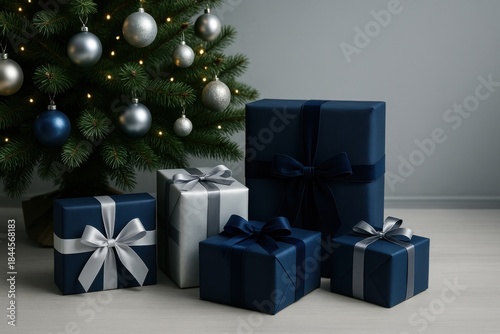 Elegant blue and silver Christmas gift boxes arranged under decorated Christmas tree in modern interior, ideal for luxury holiday marketing campaigns, premium e-commerce banners, festive branding use.