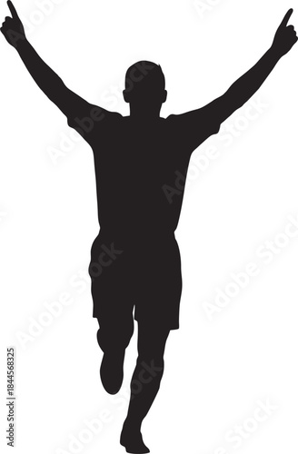 Silhouette of Soccer Player Celebrating Goal with Arms Raised. Black Flat Vector Illustration of Victory Moment Isolated