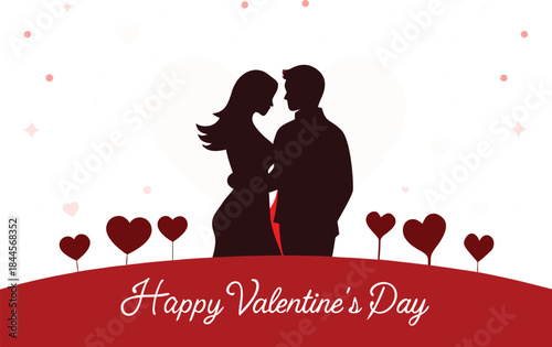 A loving couple silhouette embraced in a romantic white heart on valentine's day