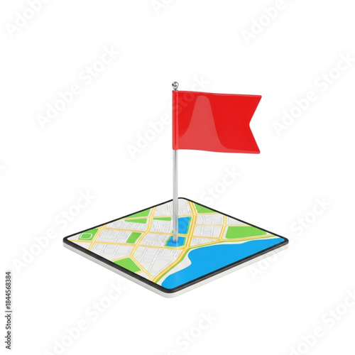 3D Map Icon with Red Flag Marker for Final Destination, Landmark, or Key Location Identification