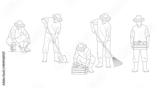 Set of hand-drawn outline illustrations featuring people gardening, farming, weeding, and raking in black and white vector graphic
