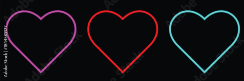 Set of three glowing neon heart icons. Colorful vector love symbols