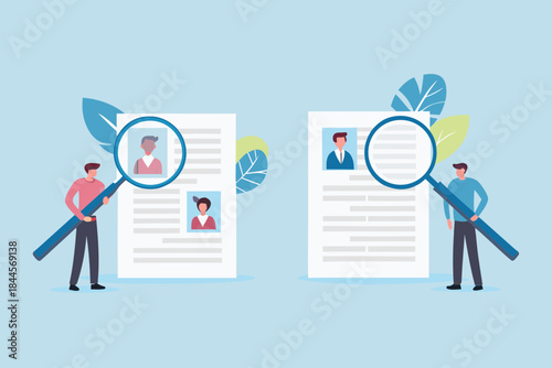 Reviewing candidate resumes with magnifying glasses a hiring process illustration