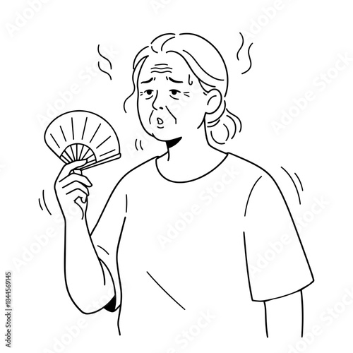 Simple line art illustration of a sweating woman fanning herself with a hand fan. Perfect for heat wave, summer weather, cooling, menopause, or climate concepts. Clean minimalist style.