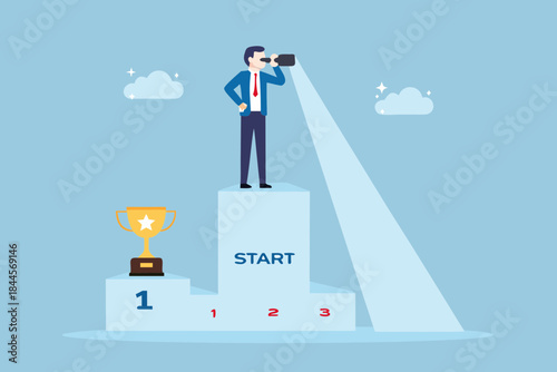 A businessman looks through binoculars towards a bright future and success