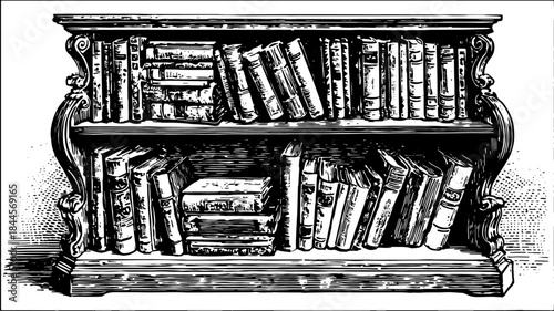 Vintage black and white line drawing of a bookshelf. This detailed illustration features books on a decorative shelf, perfect for a classic design set.
