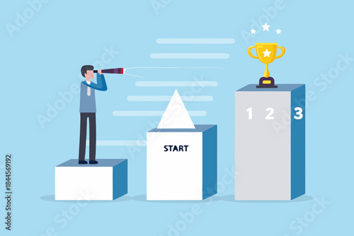 Man using telescope to view a trophy on a winning platform