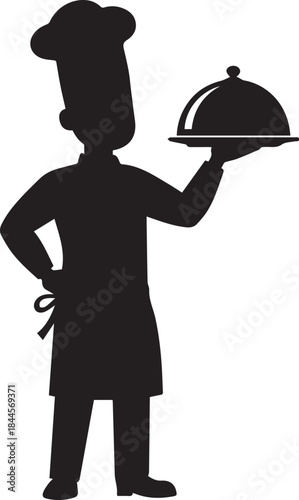 Chef holding serving platter cloche, culinary professional silhouette black and white vector illustration