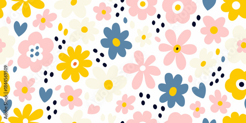 A charming floral pattern with pastel colors and scattered polka dots