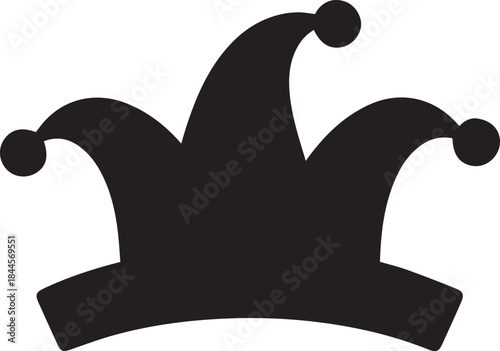 Three-lobed jester cap with rounded bells, traditional carnival accessory black and white vector illustration