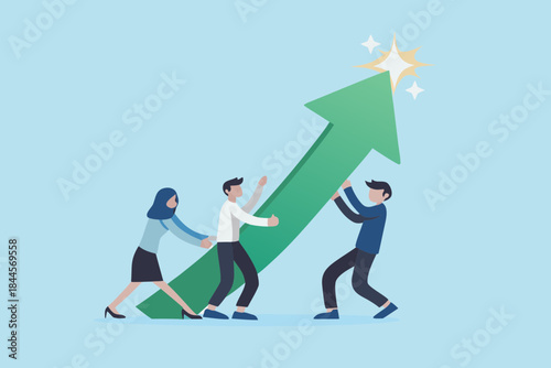 Teamwork and growth people pushing a large green arrow upwards