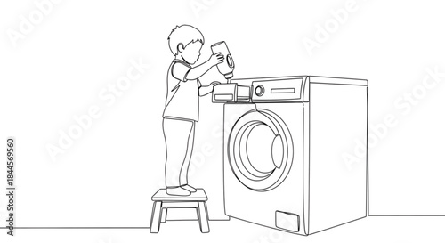 Child pouring detergent into washing machine while standing on stool  