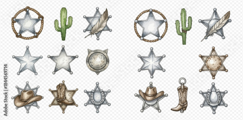 Watercolor Wild West Sheriff Badges and Cowboy Elements Collection.