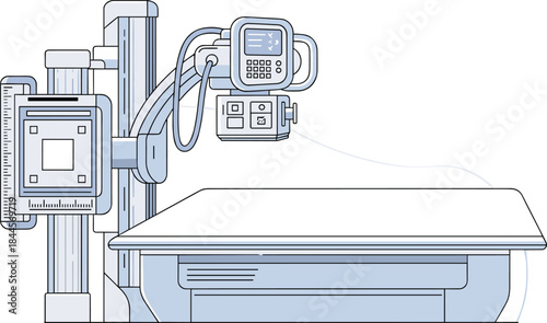 Modern digital X-ray imaging machine illustration showing radiology equipment, medical diagnostic table and control unit for healthcare technology design projects