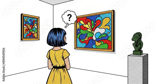 Young girl pondering artwork in modern gallery with colorful paintings  