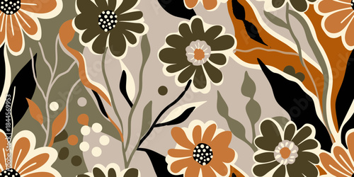 A seamless floral pattern featuring stylized daisies and leaves in muted tones