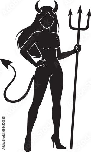 Female succubus holding a trident, seductive and dark black and white vector illustration