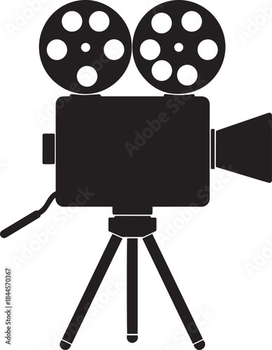 Vintage cinema camera with hand crank on tripod, classic and professional black and white vector illustration
