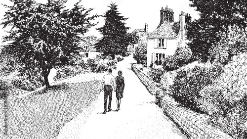 Couple walking on a path surrounded by trees and houses. Black and white vector illustration capturing a tranquil rural scene in nature.