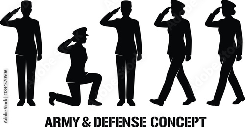 Silhouettes of soldiers in uniform saluting in various poses