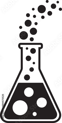 Conical chemistry flask with effervescent liquid, bubbling and scientific black and white vector illustration